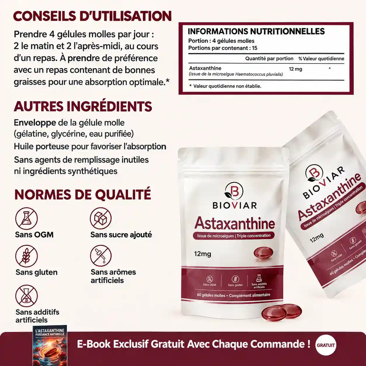 Astaxanthine Bioviar- L'antioxydant naturel le plus puissant pour le soutien de l'organisme et la protection cellulaire