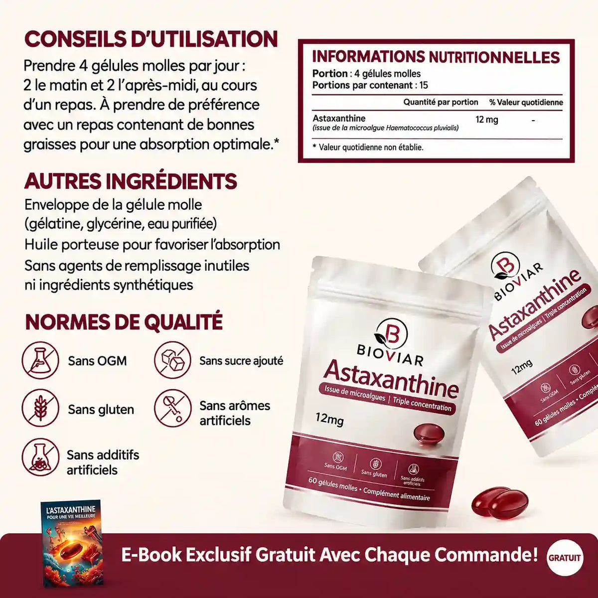 Astaxanthine Bioviar- L'antioxydant naturel le plus puissant pour le soutien de l'organisme et la protection cellulaire